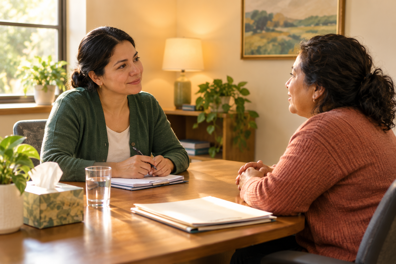 A caseworker listening with a warm, focused expression to a client across a wooden table.
