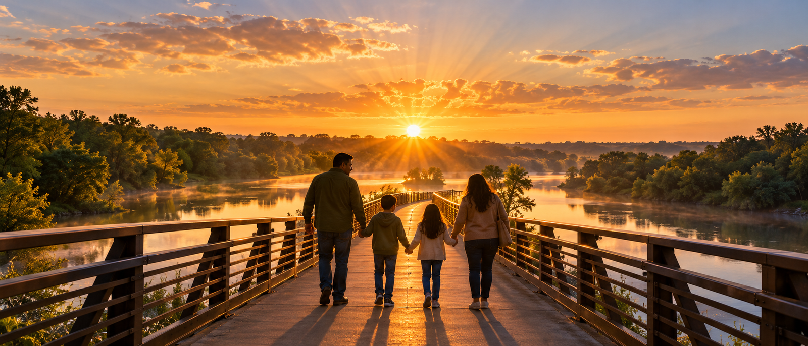 A family of four walking hand in hand across a bridge at dawn toward a rising sun.
